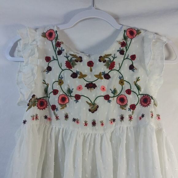 Boho Vintage Chiffon Floral Embroidered Ruffle Peplum Sleeveless Top Size Small - Picture 4 of 7